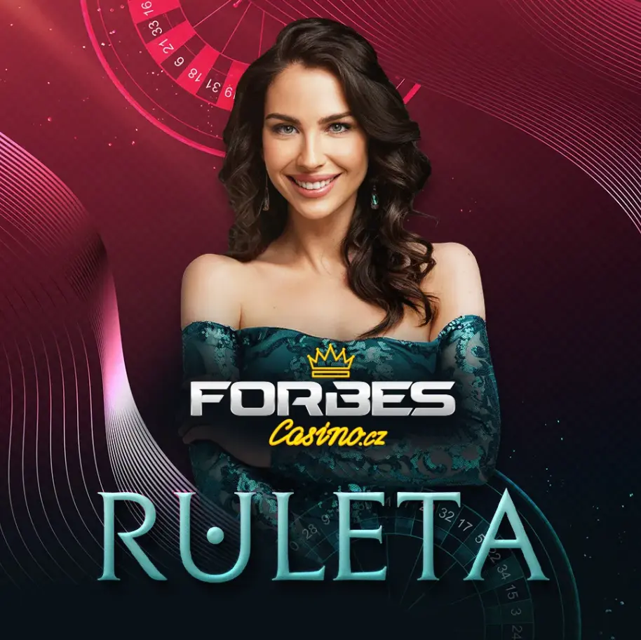 Forbes Casino — Ruleta s krupiérkou. Promo grafika Forbes Casino „Ruleta“ s usměvavou krupiérkou, logem ForbesCasino.cz a motivem ruletového kola v pozadí.